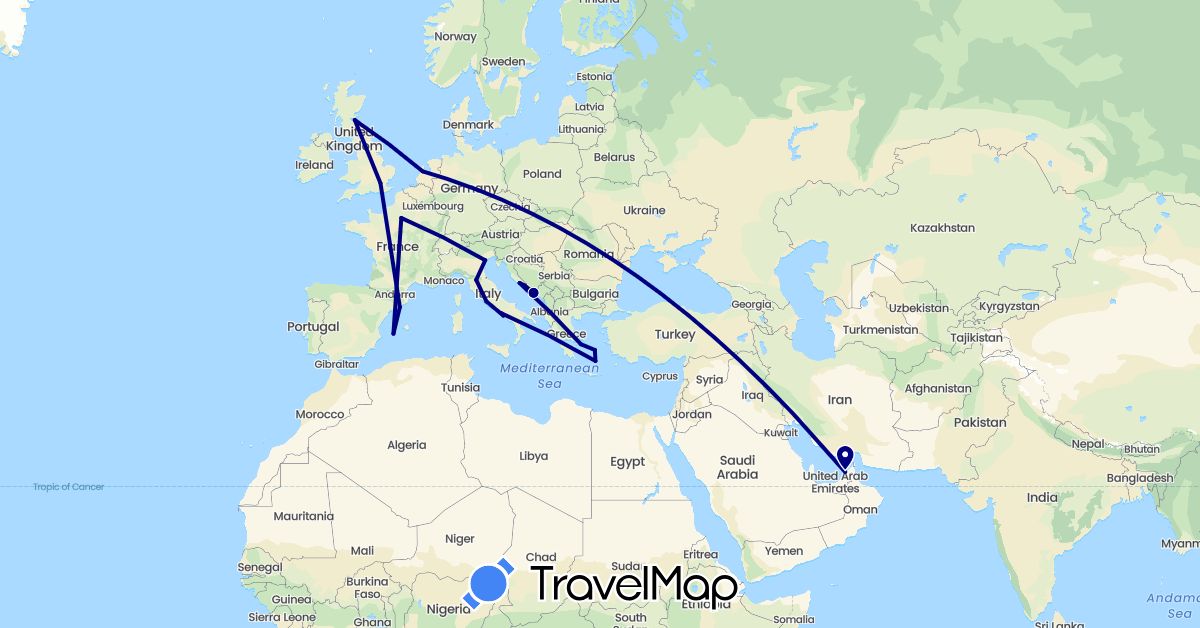 TravelMap itinerary: driving in United Arab Emirates, Spain, France, United Kingdom, Greece, Croatia, Italy, Netherlands (Asia, Europe)